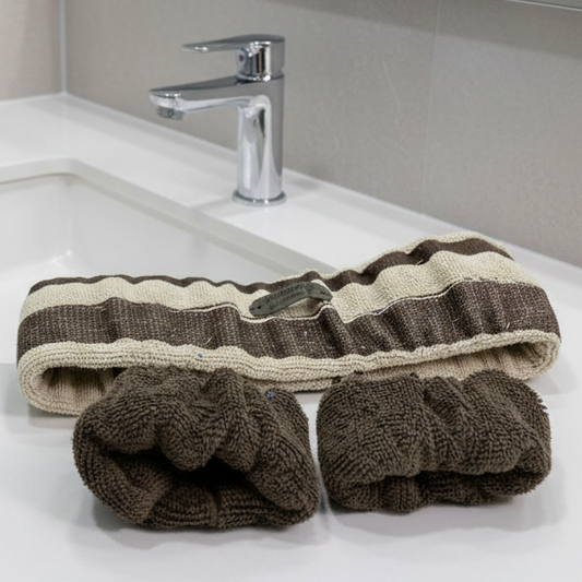 Ensemble bandeau et poignets en ratine pour soins du visage