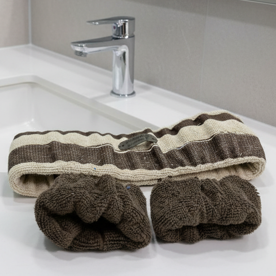 Ensemble bandeau et poignets en ratine pour soins du visage