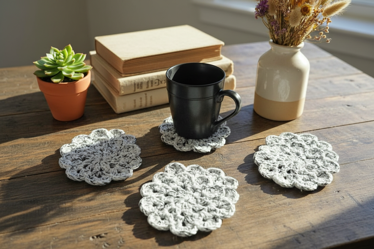 Ensemble de 6 sous-verres au crochet - Tons de blanc et Noir