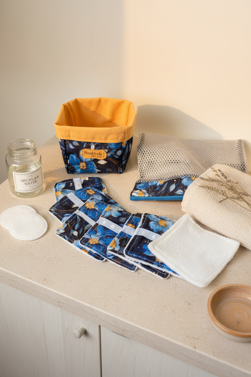 Ensemble-Panier avec lingettes démaquillantes réutilisables et sac de lessive