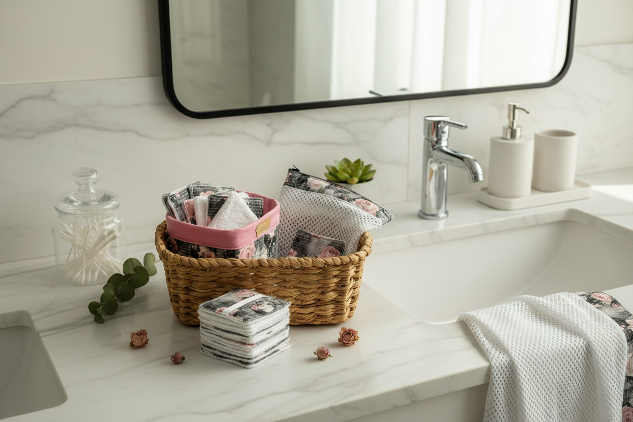 Ensemble-Panier avec lingettes démaquillantes réutilisables et sac de lessive
