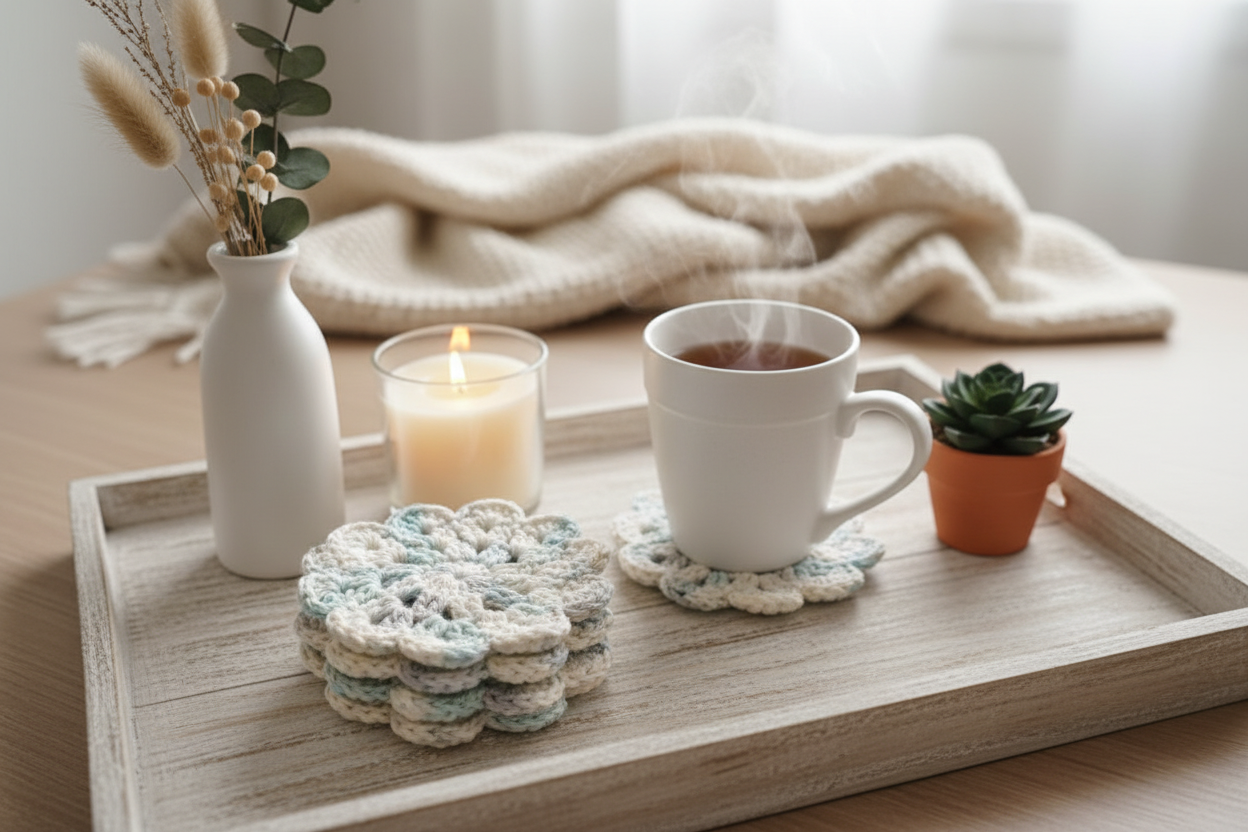 Ensemble de 4 Sous-verres en laine au crochet-Ton pastel