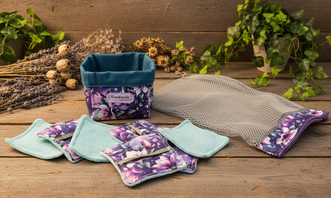 Ensemble-Panier avec lingettes démaquillantes réutilisables et sac de lessive