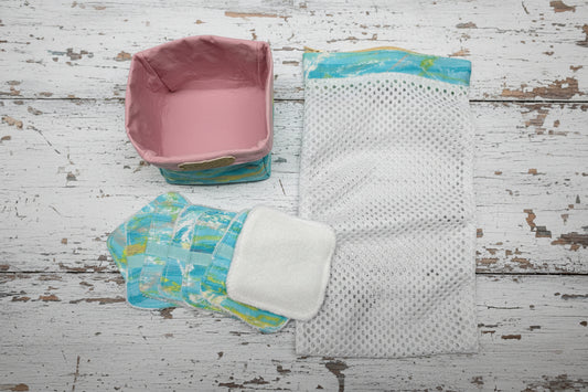 Ensemble-Panier avec lingettes démaquillantes réutilisables et sac de lessive