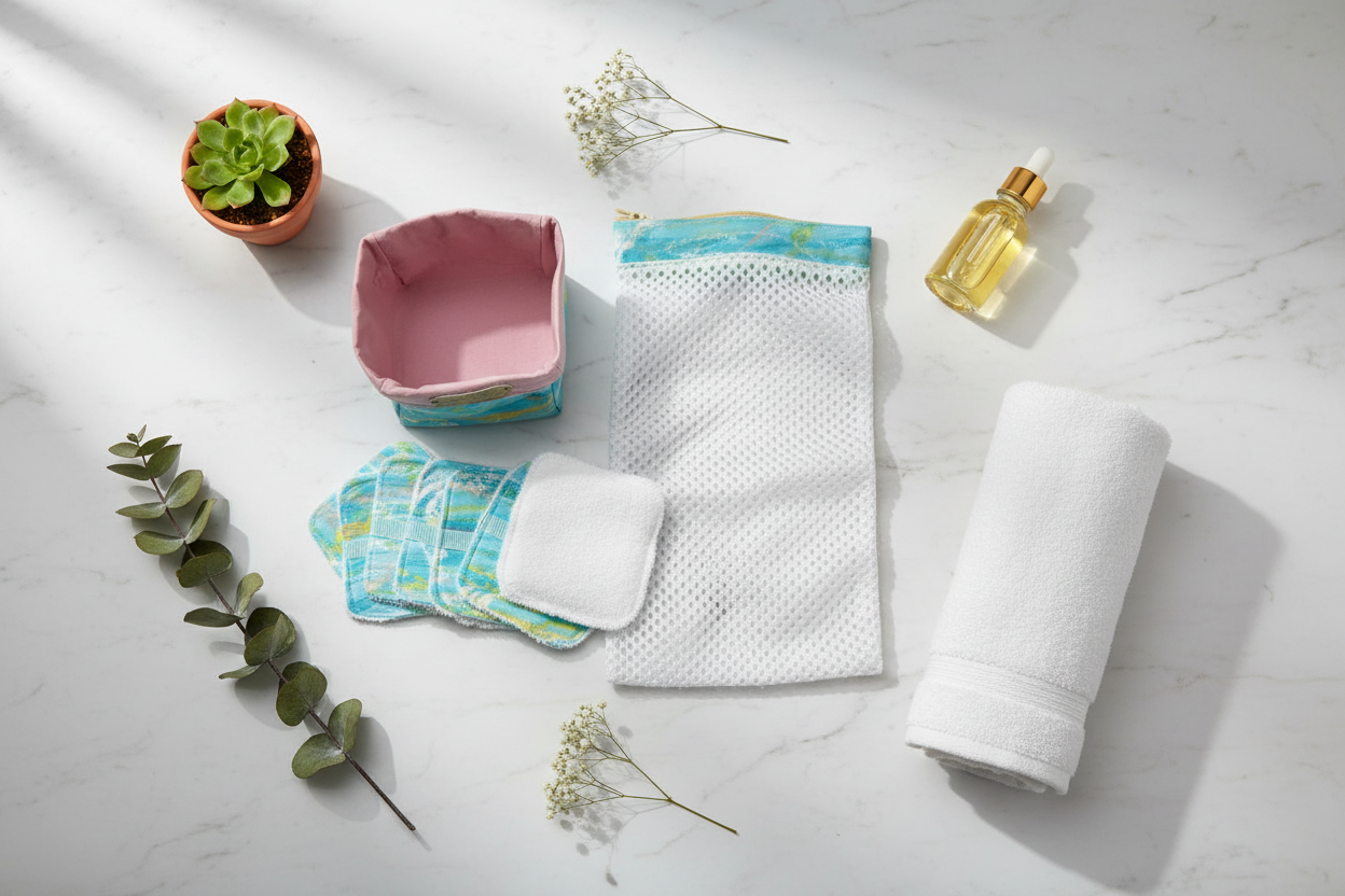 Ensemble-Panier avec lingettes démaquillantes réutilisables et sac de lessive
