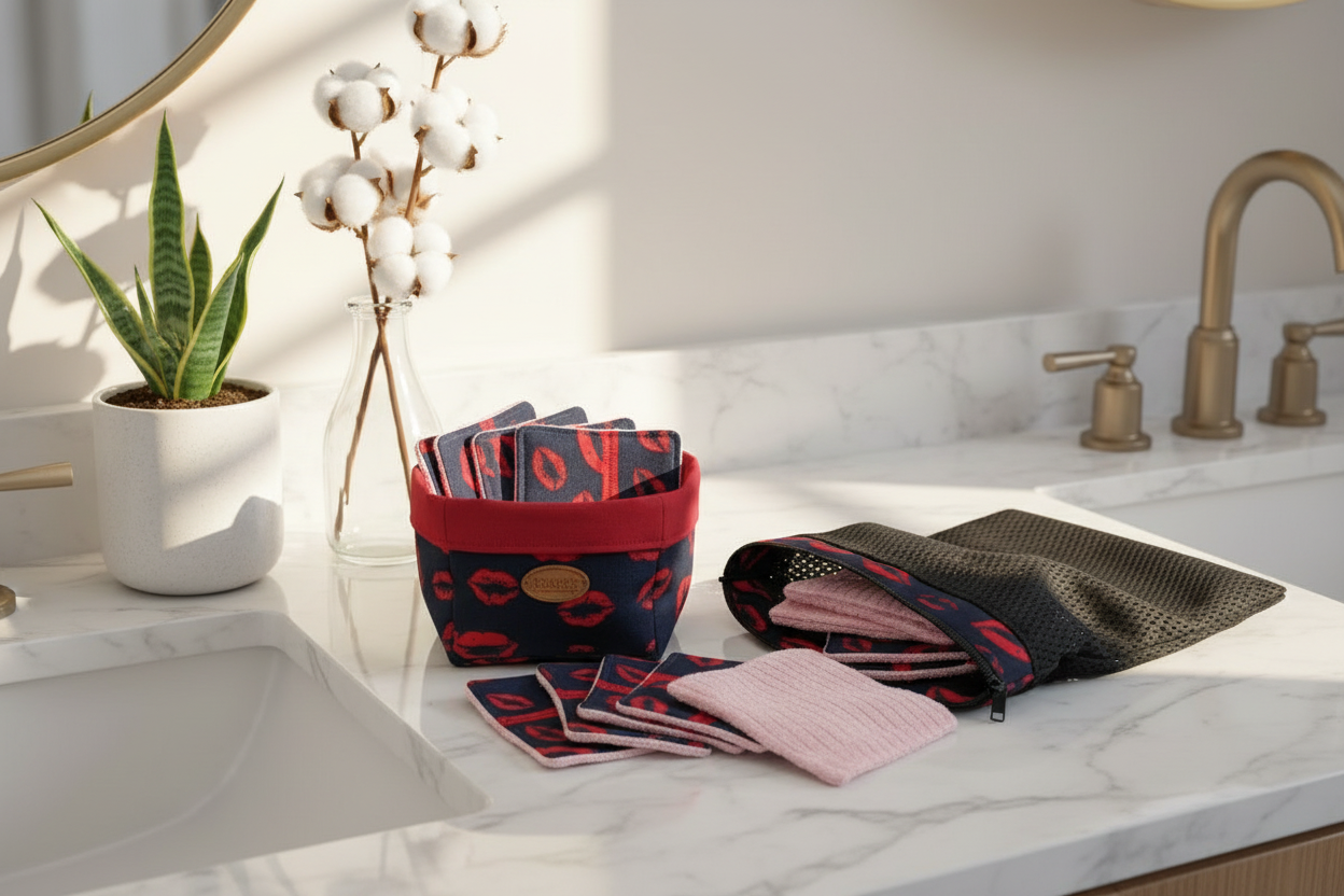 Ensemble-Panier avec lingettes démaquillantes réutilisables et sac de lessive