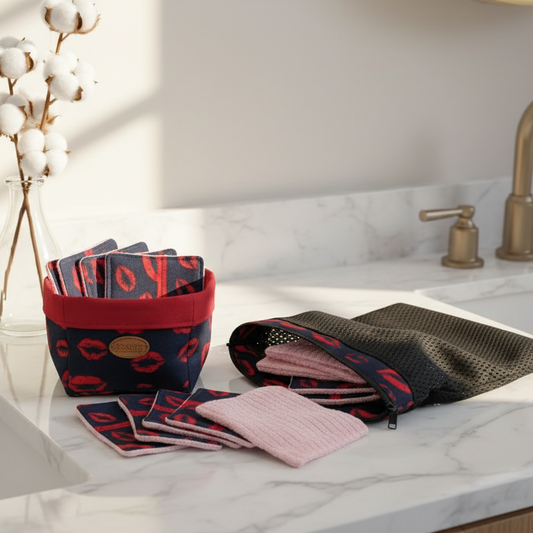 Ensemble-Panier avec lingettes démaquillantes réutilisables et sac de lessive